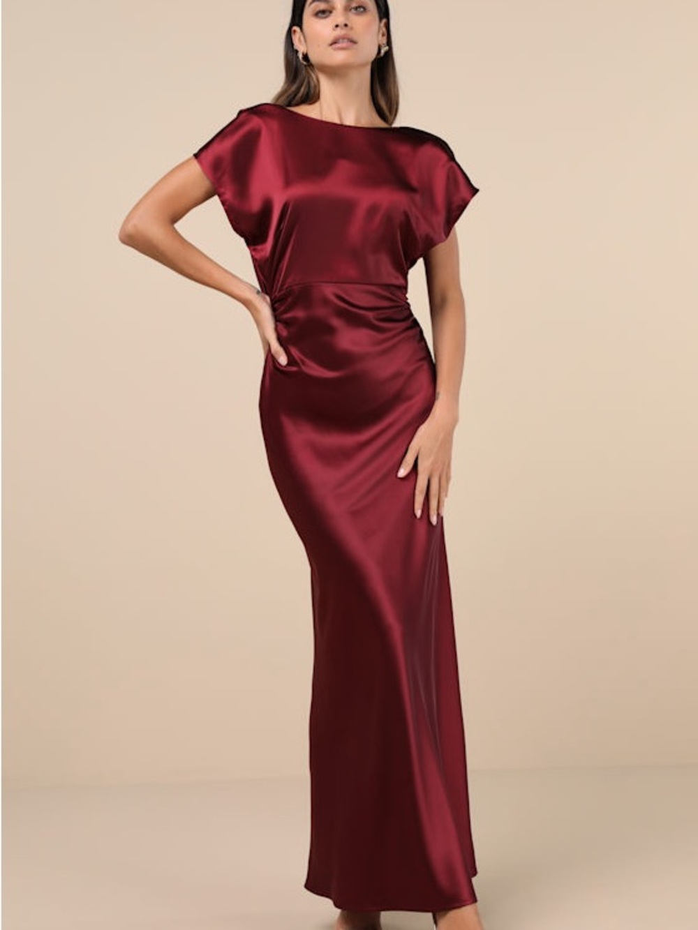 Lulus Captivating Presence Wine Red Satin Cowl Back Maxi Dress Size S